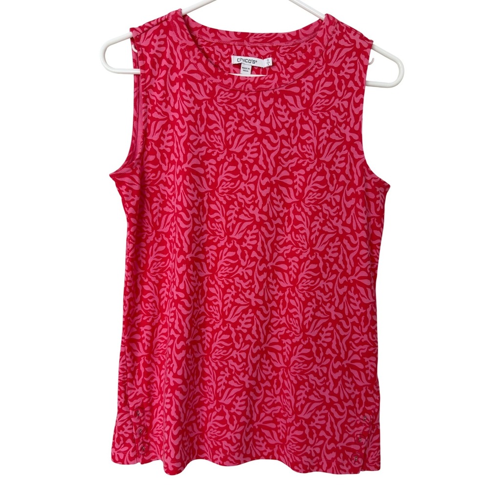 Chico's Pink Red Coral Print Sleeveless Cotton Top Size 0/ Small Button Detail